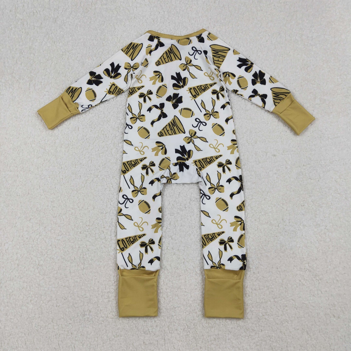 RTS NO MOQ（In Stock) LR2515 Football Trumpet Bow Pattern Gold Lace Zipper Long Sleeve Bodysuit