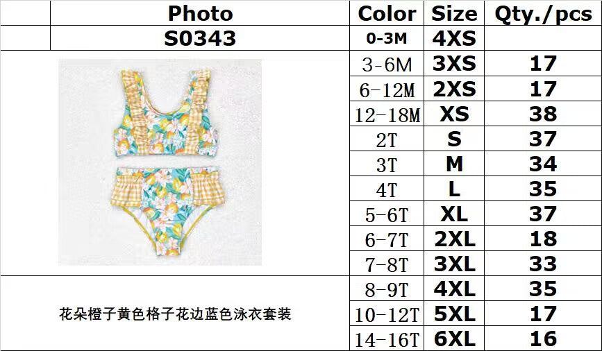 rts no moq S0343 Flower orange yellow plaid lace blue swimsuit set