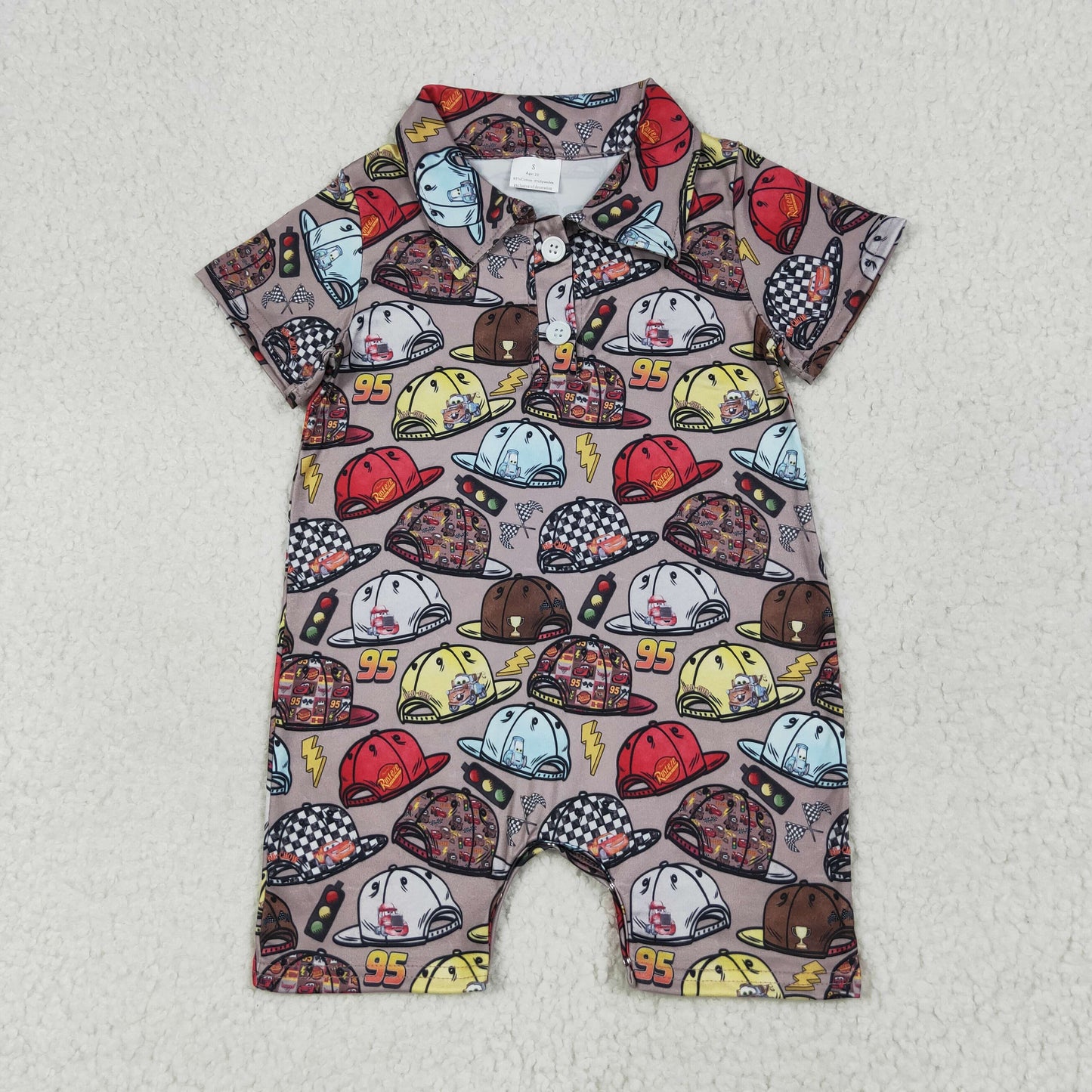 RTS NO MOQ（In Stock ) cars cartoon car hat brown short-sleeved jumpsuit