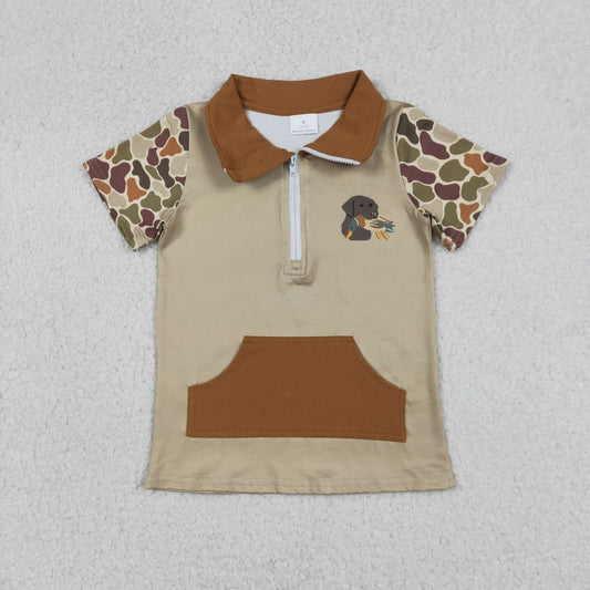 RTS NO MOQ（In Stock) Pocket Puppy and Duck Camouflage Brown-Green Zip-Up Short-Sleeve Top