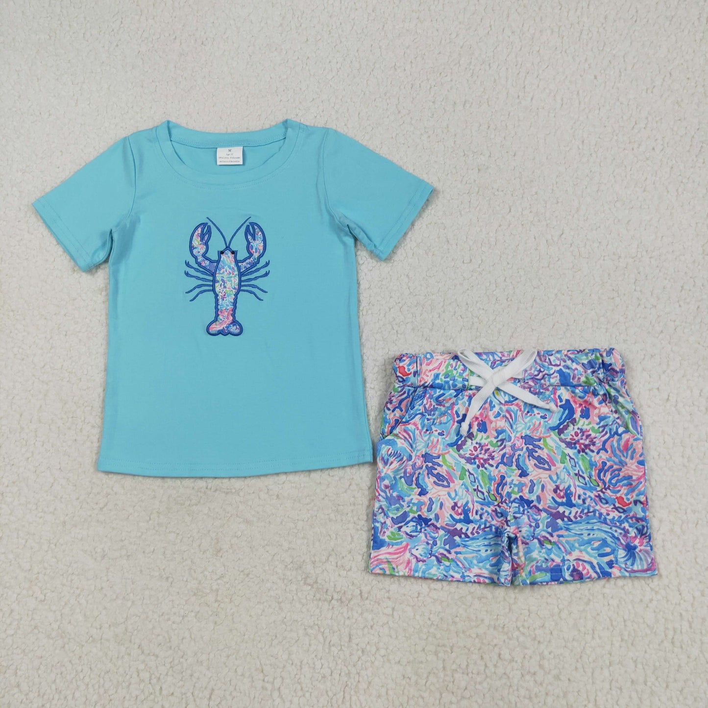 RTS NO MOQ（In Stock) BSSO1479 Embroidered seaweed pattern crayfish blue short-sleeved shorts set