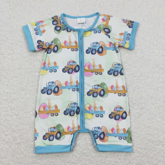 SR0883 Easter Egg Bunny Tractor Teal Zipper Short Sleeve Jumpsuit