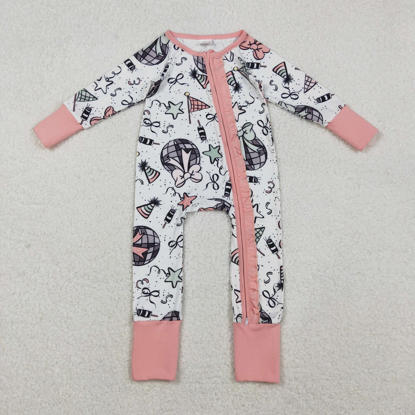 RTS NO MOQ（In Stock) LR2571 Light Ball, Star, New Year's Calendar, Bow Pattern Zippered Long-Sleeved Bodysuit