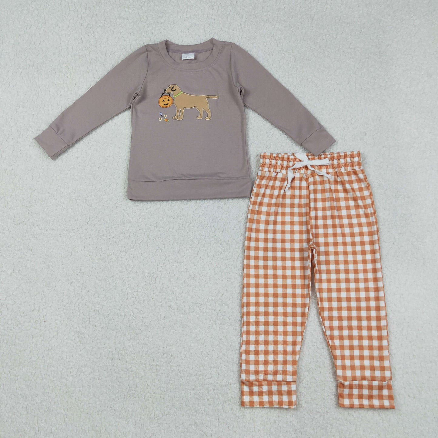 RTS NO MOQ（In Stock) BLP1098 Embroidered Halloween Jack-O'-Lantern Puppy Long-Sleeved Orange Plaid Pantsuit