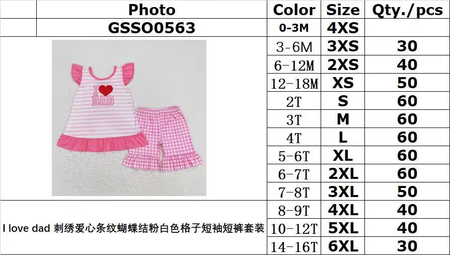 GSSO0563 I love dad embroidered love striped bow pink and white plaid short-sleeved shorts suit