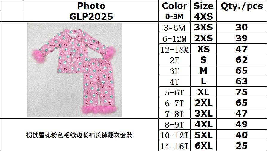 RTS NO MOQ ETA 5/7days arrived GLP2025 Long-sleeved trousers and pajama set with cane snowflakes and pink plush edges