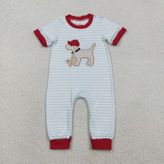 RTS NO MOQ（In Stock) Embroidered Baseball Cap Puppy Blue Striped Short-Sleeve Jumpsuit