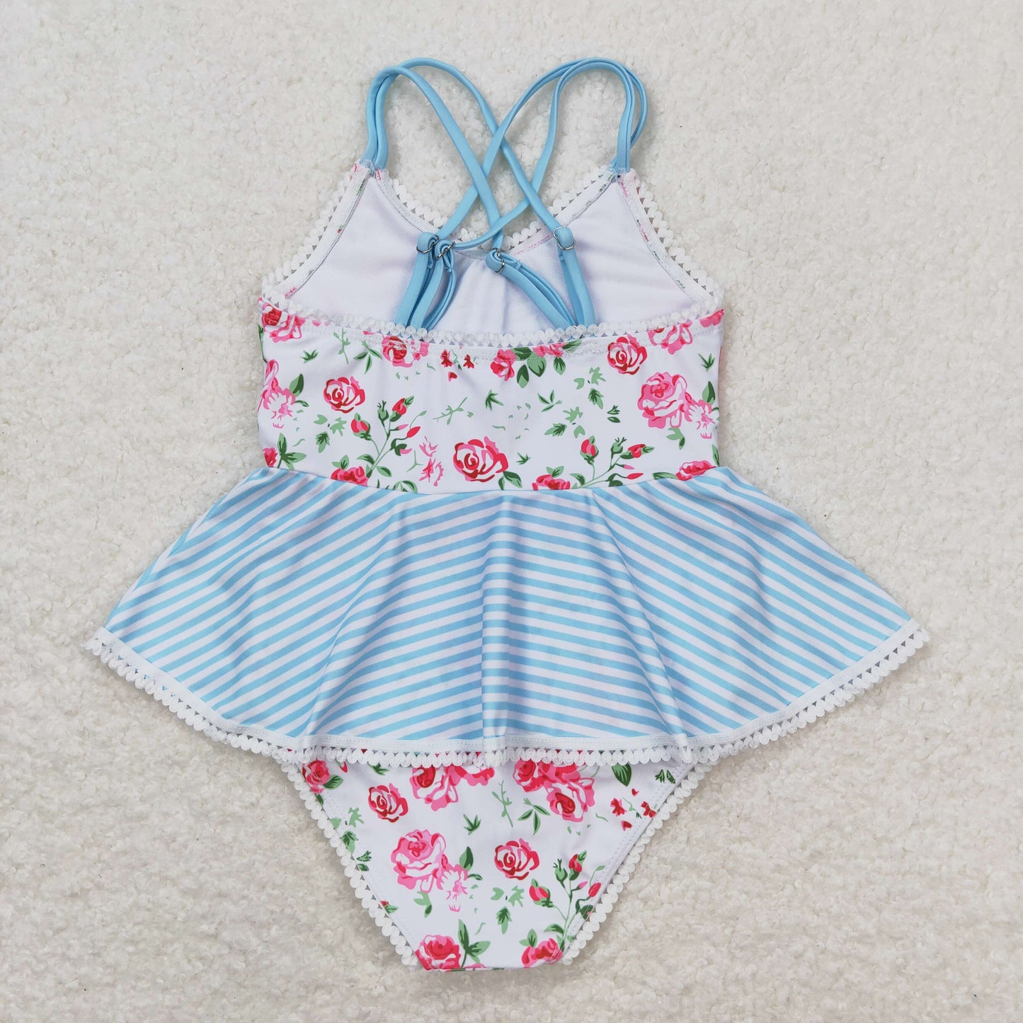 S0248 Floral striped lace blue and white suspender one-piece swimsuit