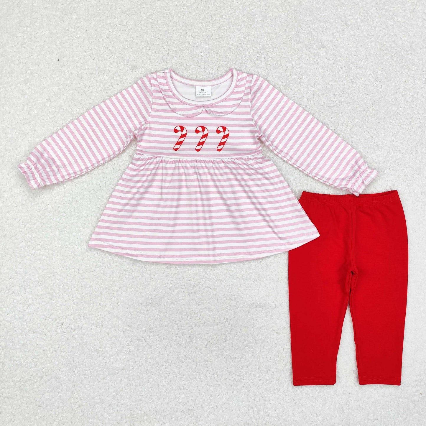 RTS NO MOQ ETA 5/7days GLP1563 Christmas cane doll collar pink striped long-sleeved red trousers suit