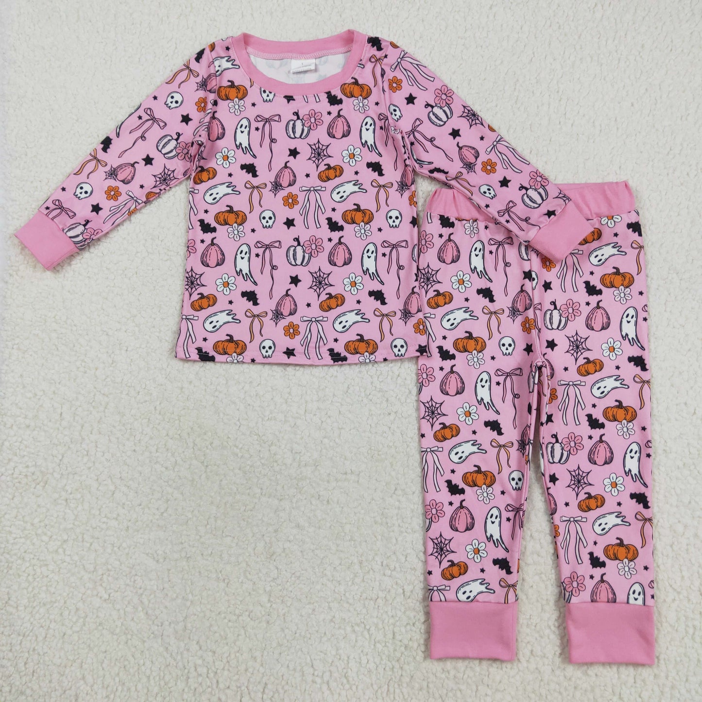 RTS NO MOQ（In Stock) GLP2567 Pink long-sleeved Halloween pajama set with ghostly pumpkin and bow pattern