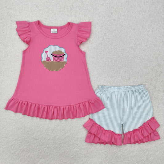 RTS NO MOQ ETA 5/7days Arrived GSSO1785 Embroidered beach bucket shovel pink flying sleeve striped shorts set