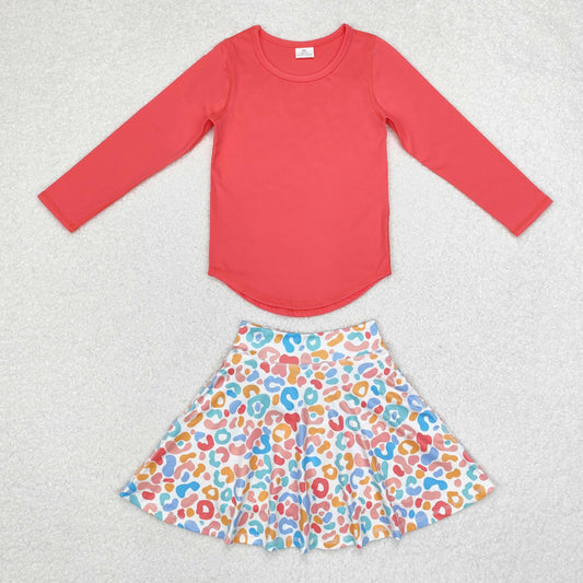 RTS NO MOQ ETA 5/7days GT0643+GLK0026 Coral red solid color long-sleeved top Colorful leopard print skirt sets