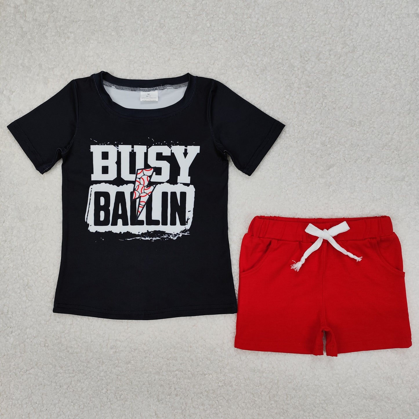 RTS NO MOQ ETA 5/7days Arrived BSSO1318 busy ballin baseball lightning black short-sleeved red shorts suit