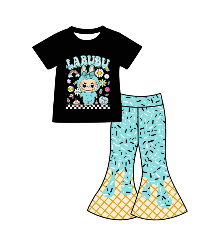 Custom moq 5 mix size milk silk baby girl clothes cartoon black short sleeve pants sets