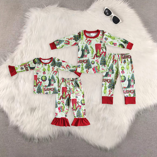 RTS NO MOQ Sibling Baby Girls Christmas trees Long Sleeve Pants Set
