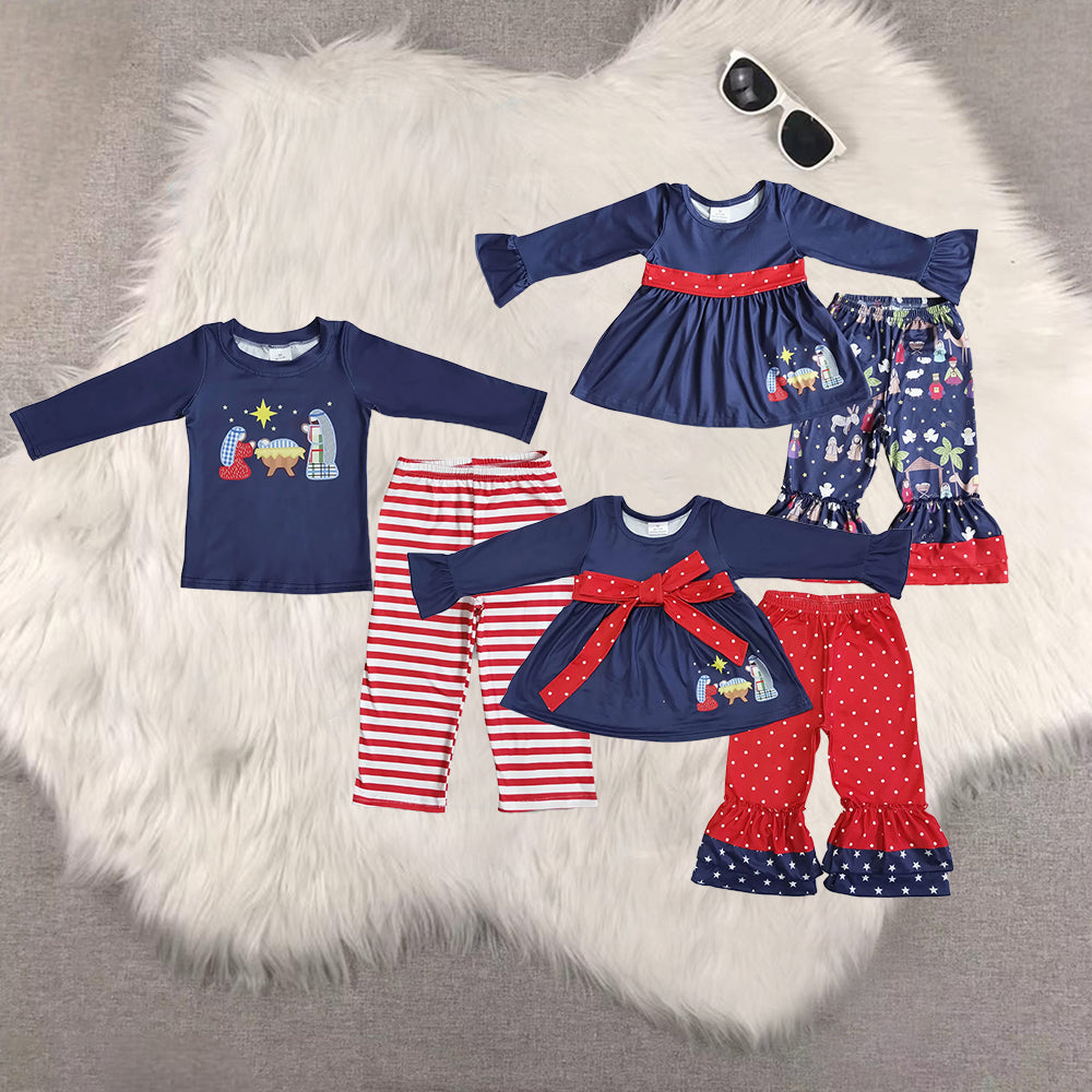 RTS NO MOQ Sibling Baby Girls Christmas trees Long Sleeve Pants Set
