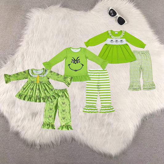RTS NO MOQ sibling baby girls clothes Christmas green long sleeve Clothes Sets