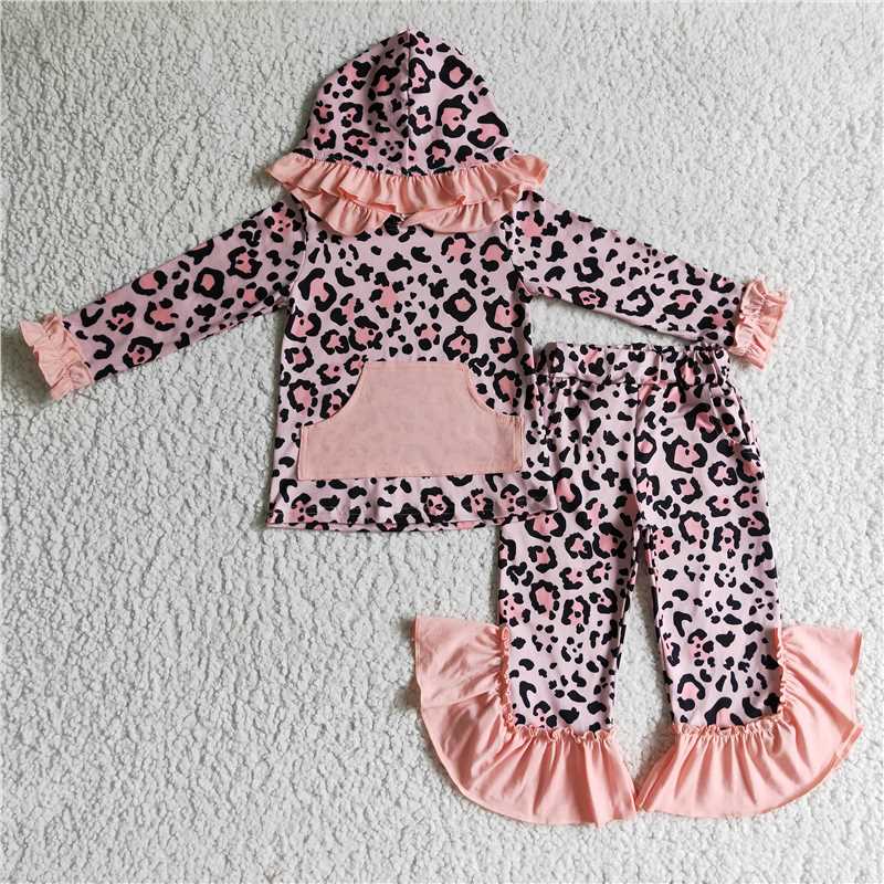 RTS NO MOQ（In Stock) GLP0254 Leopard print pocket pink hooded long sleeve trousers suit