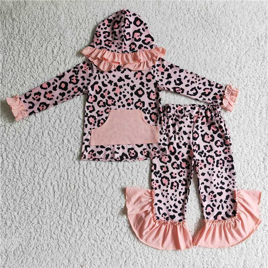 RTS NO MOQ（In Stock) GLP0254 Leopard print pocket pink hooded long sleeve trousers suit