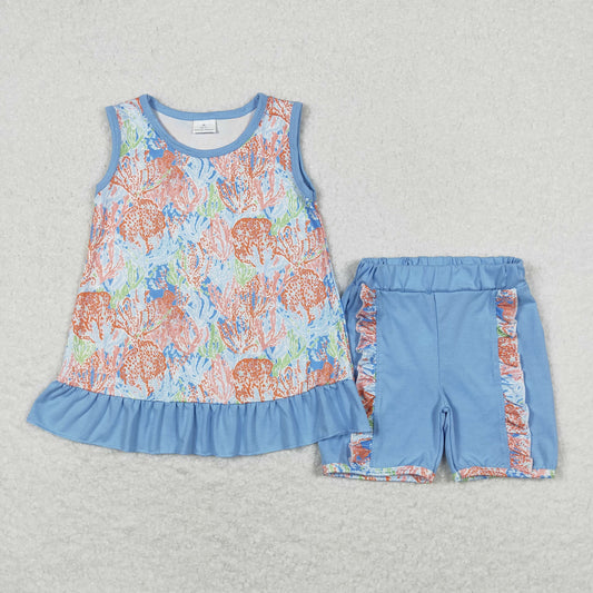 GSSO0831 Seagrass Pattern Blue Sleeveless Shorts Set