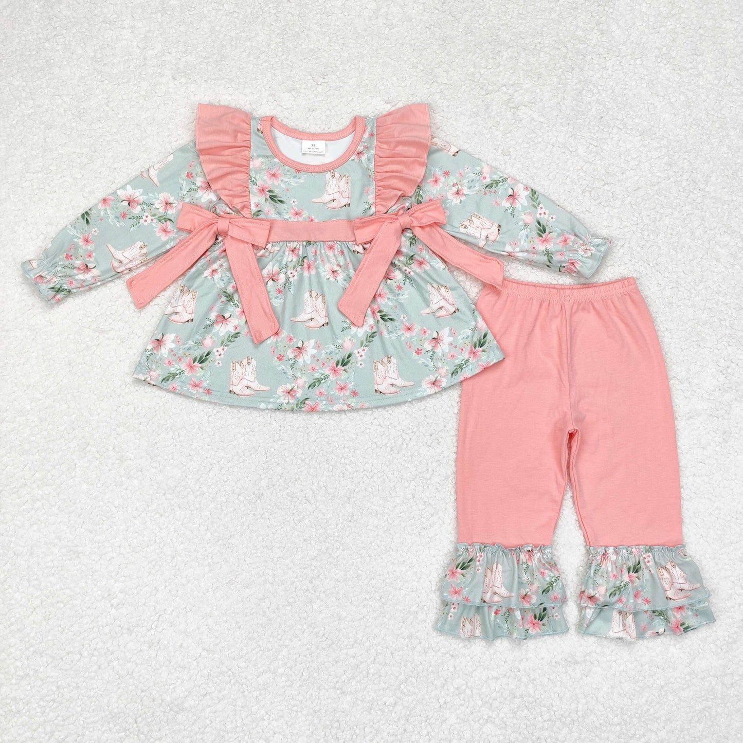 rts no moq GLP1309 Flower pink lace bow green long-sleeved trousers set