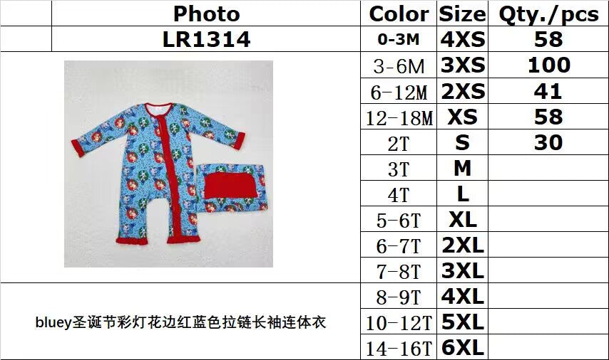 rts no moq LR1314 bluey Christmas lantern lace red and blue zipper long-sleeved jumpsuit