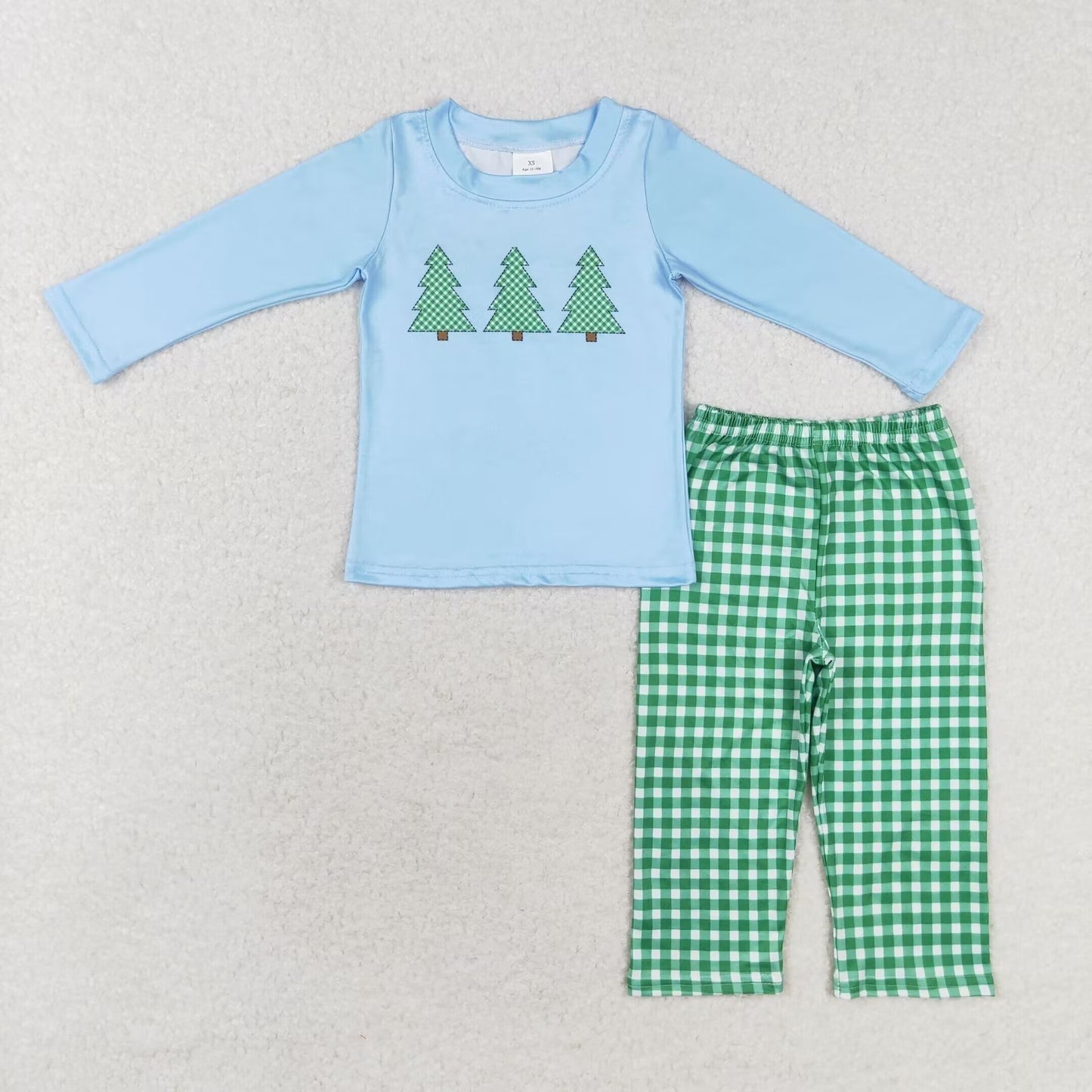 rts no moq BLP0659 Christmas tree blue long-sleeved green plaid trousers set