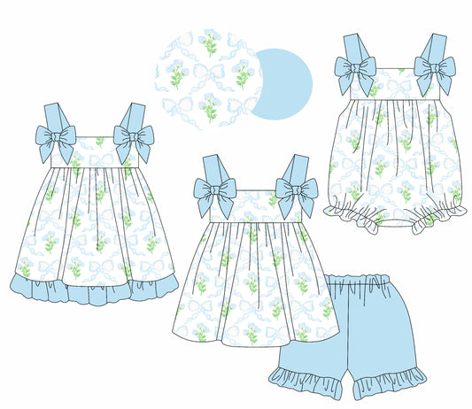 1.18 custom each style moq 5eta 4-6week Sibling Sisters bow floral baby girl short sleeve shorts sets and dress and rompers match family design