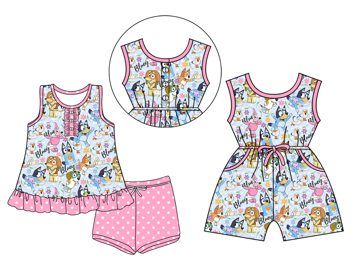 3.15 custom each style moq 5eta 4-6week Sibling Sister cartoon dog baby girl short sleeve shorts sets and jumpsuit match design