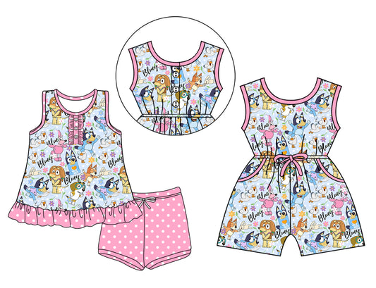 3.15 custom each style moq 5eta 4-6week Sibling Sister cartoon dog baby girl short sleeve shorts sets and jumpsuit match design