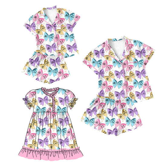 12.28 custom each style moq 5eta 4-6week Sibling Sister bow baby girls short sleeve shorts sets and adult sets and dress match design