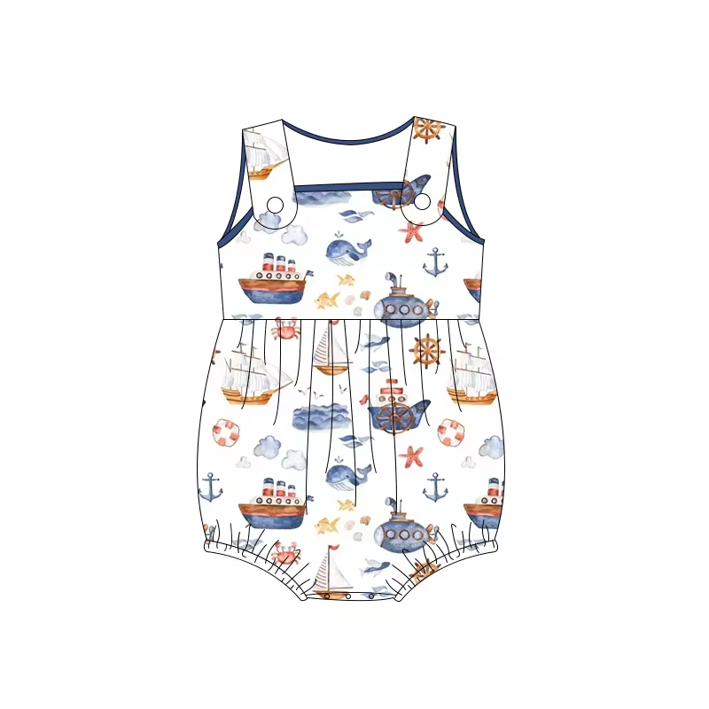 5.14custom each style moq 5eta 4-5week Sibling Sister cruise ship print white-blue boys outfits and baby romper match family design