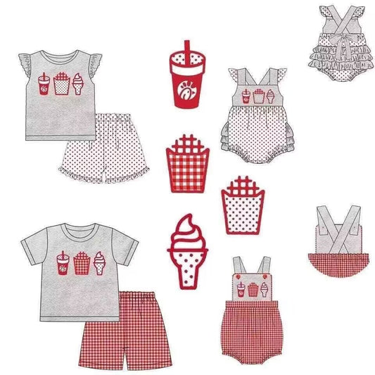 5.10custom each style moq 5eta 4-5week Sibling Sister Drink ice cream prints gray red girls and boys outfits and baby romper match family design