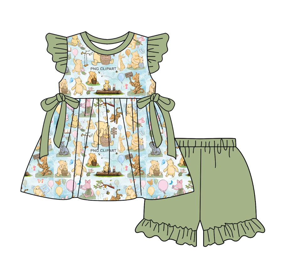 Custom moq 5 mix size milk silk baby girl boy clothes cartoon short sleeve shorts sets 2 and dresses and top