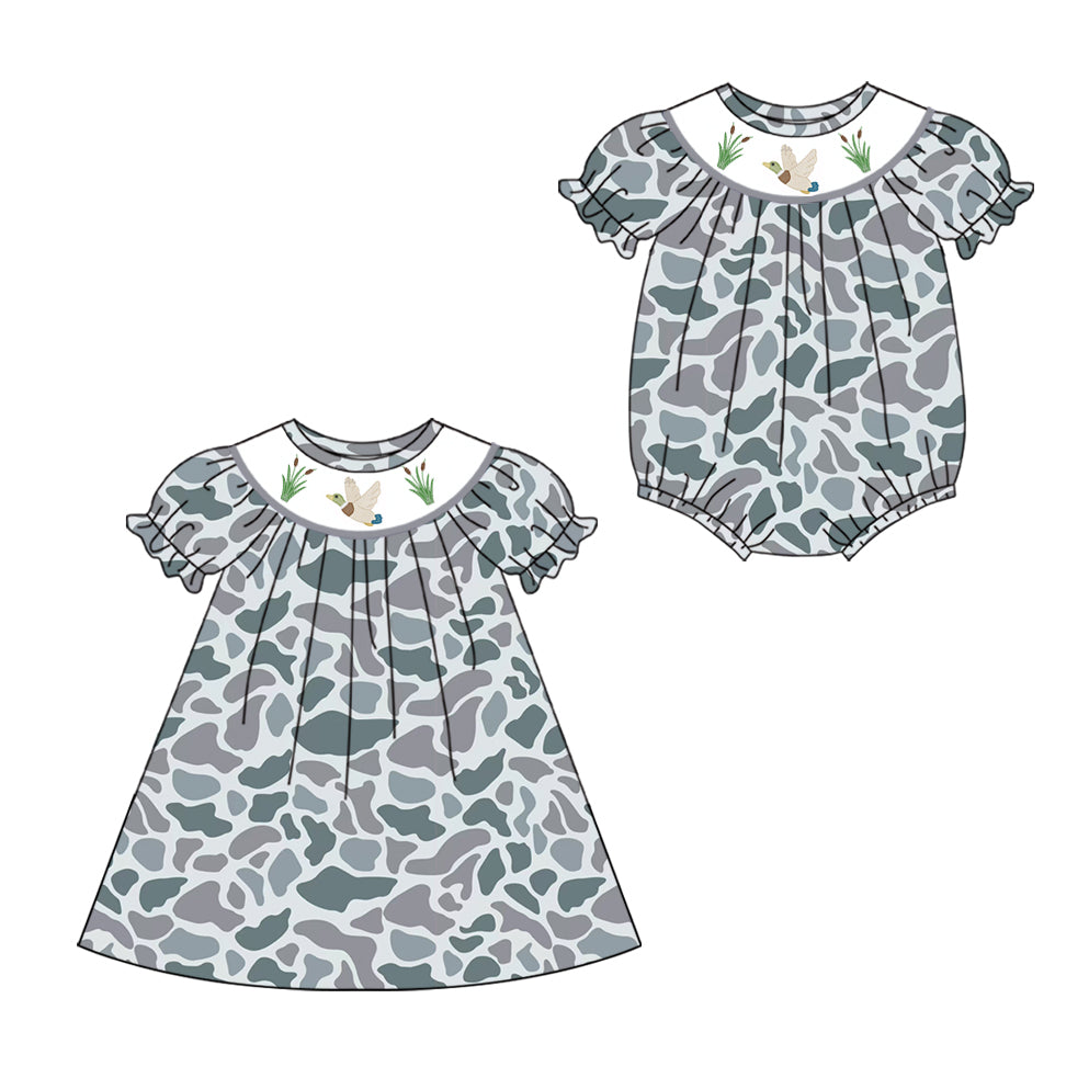 1.17 custom each style moq 5eta 4-6week Sibling Sister camouflage baby girl short sleeve dress and romper match family design