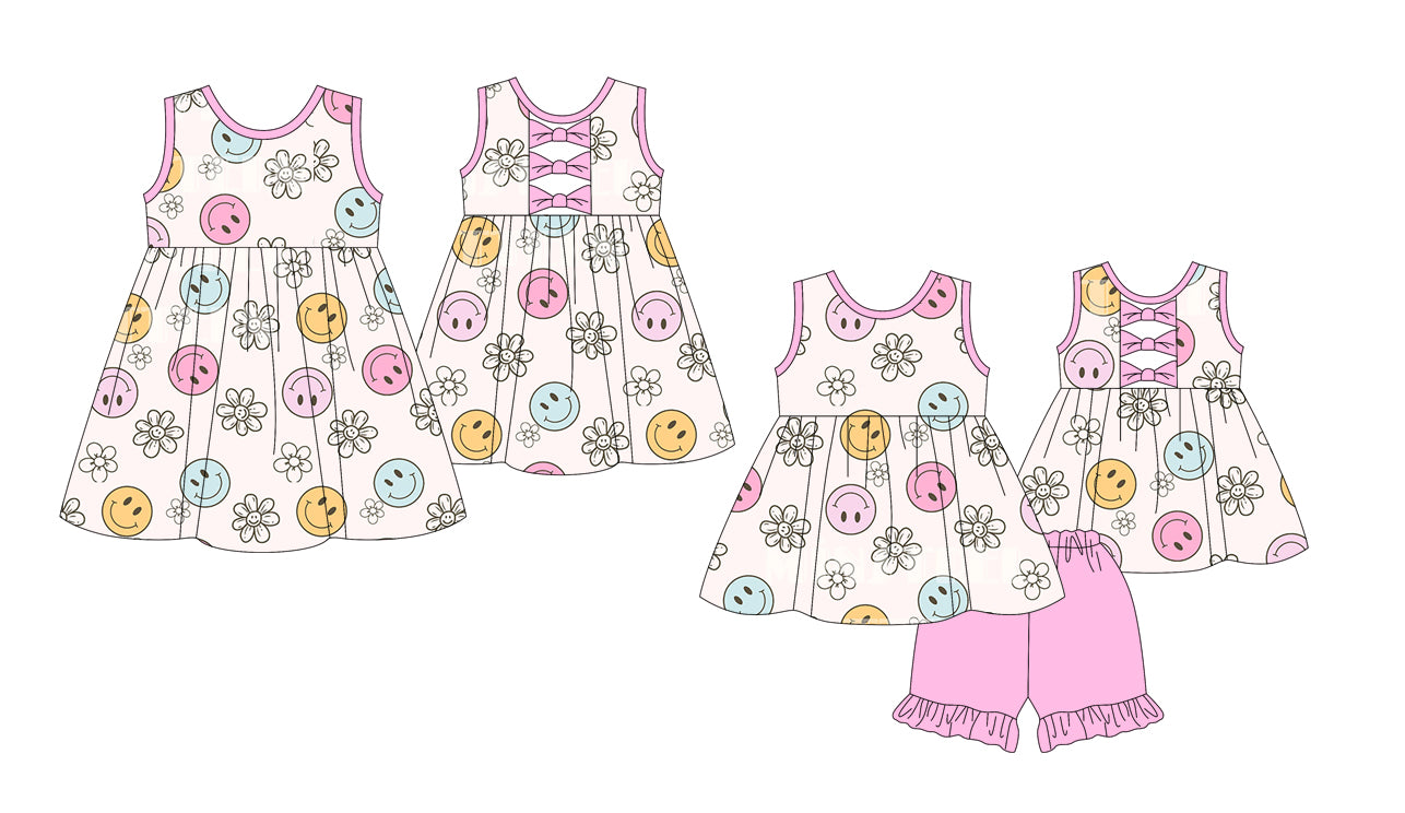 1.9 custom each style moq 5eta 4-6week Sibling Sister smiley baby girl short sleeve shorts sets and dresses match design