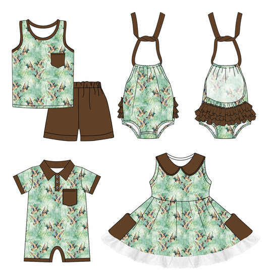 1.3 custom each style moq 5eta 4-6week Sibling Sister duck baby girl short sleeve shorts sets and girls romper and boy romper and dress match design