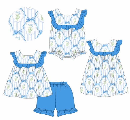 1.10 custom each style moq 5eta 4-6week Sibling Sister bow floral baby girl short sleeve shorts sets and dress and rompers match family design