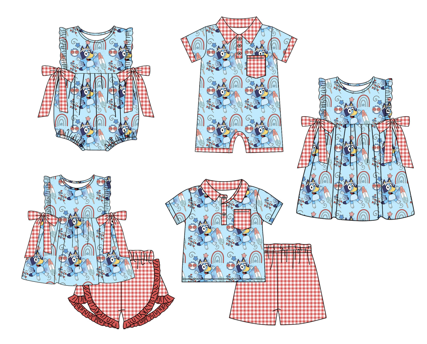 1.7 custom each style moq 5eta 4-6week Sibling Sister cartoon dog baby girl short sleeve shorts sets and sets 2 and boy romper and girl romper and dress match design