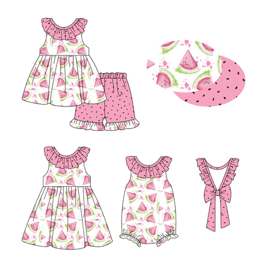 1.2 custom each style moq 5eta 4-6week Sibling Sistes watermelon baby girl short sleeve shorts sets and dress and rompers match family design