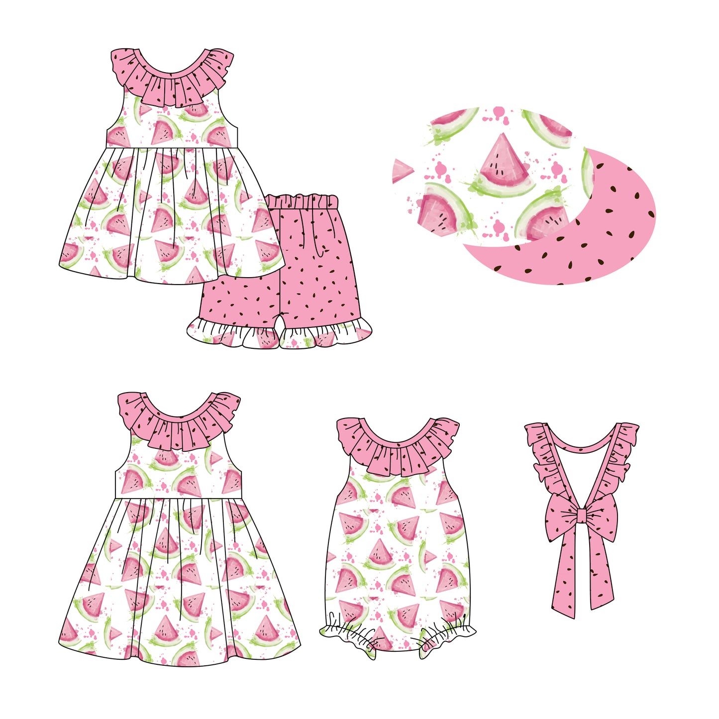 1.2 custom each style moq 5eta 4-6week Sibling Sistes watermelon baby girl short sleeve shorts sets and dress and rompers match family design