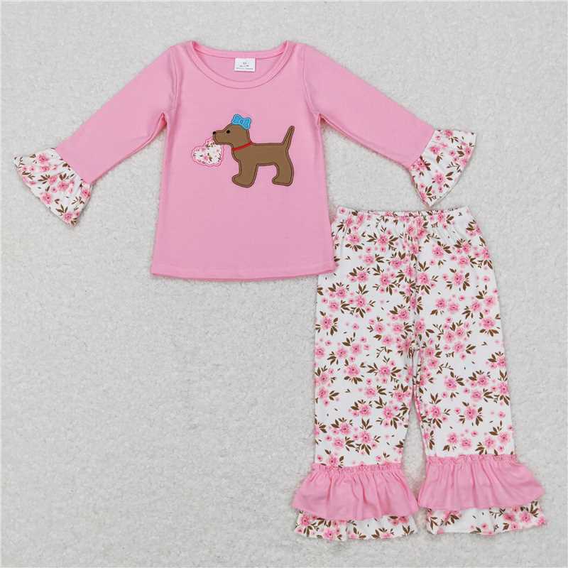 RTS NO MOQ（In Stock) GLP0937 Baby girl Toddler embroidery puppy Shirts Pants Clothes Sets