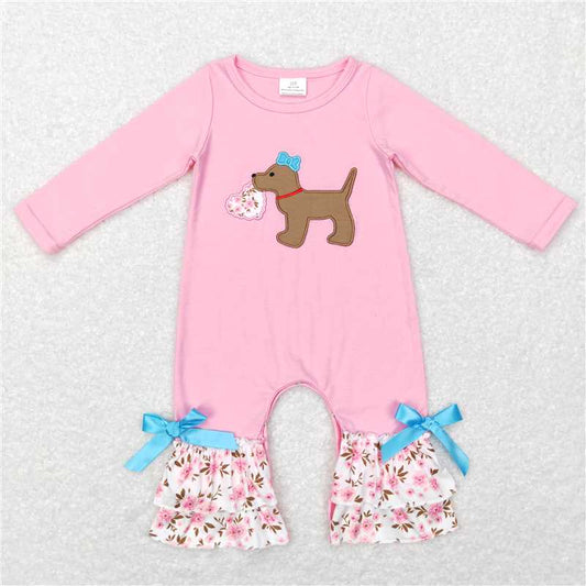 RTS NO MOQ（In Stock) LR0789 Baby Girl clothes puppy long sleeve bodysuit with embroidered