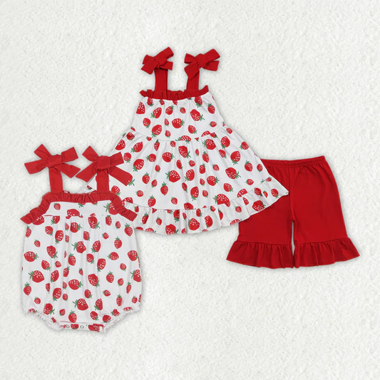 RTS Baby Girls Strawberry Sibling Sister Rompers Outfits Clothes Sets