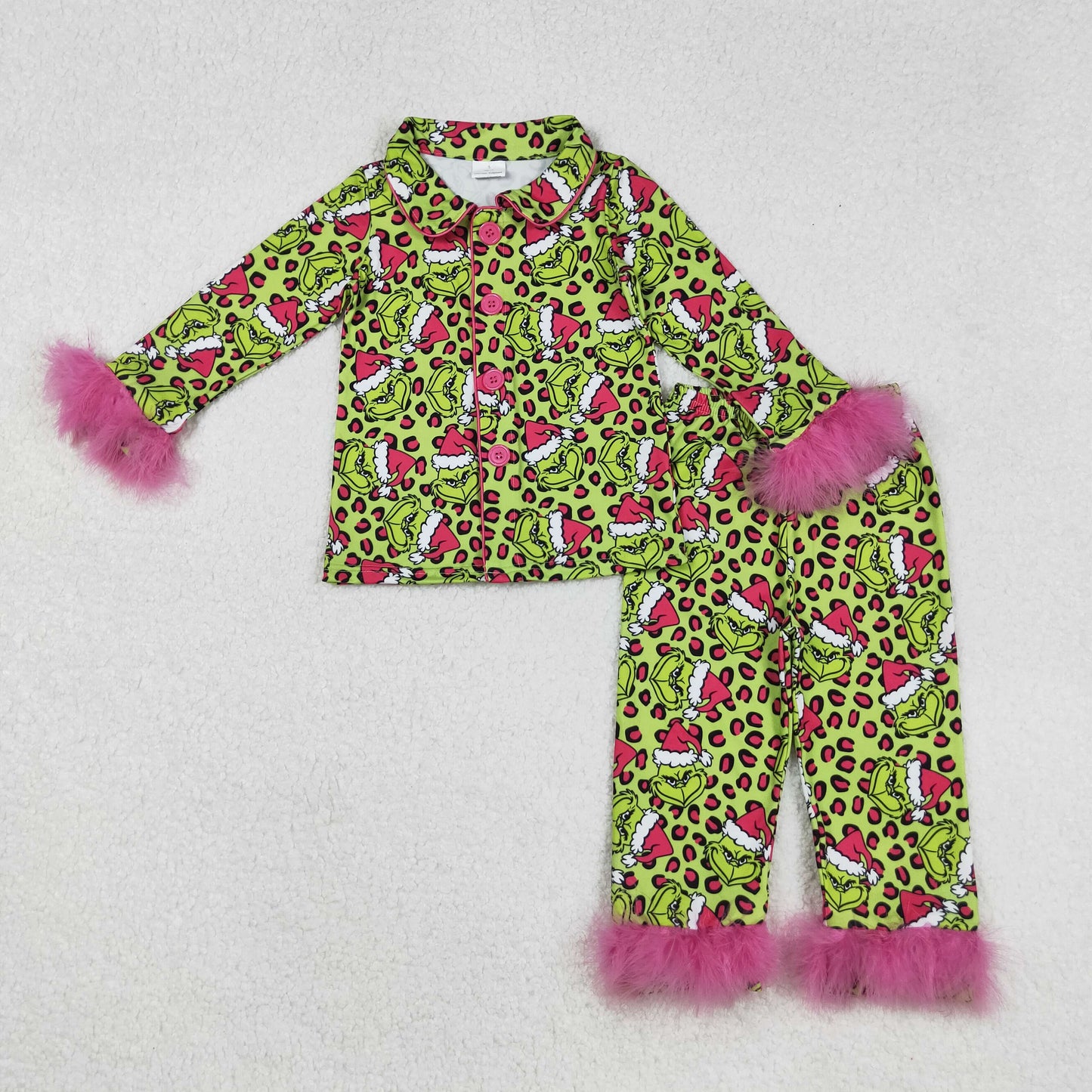RTS NO MOQ（In Stock) GLP2669 Cartoon leopard print rose red plush trim green long-sleeved trousers pajama set
