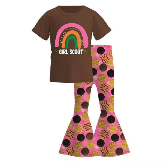 Deadline October 7  custom no moq eta 6-8weeks Dark Brown Rainbow Short Sleeve Top & Pink Donut Pattern Flared Pants Set