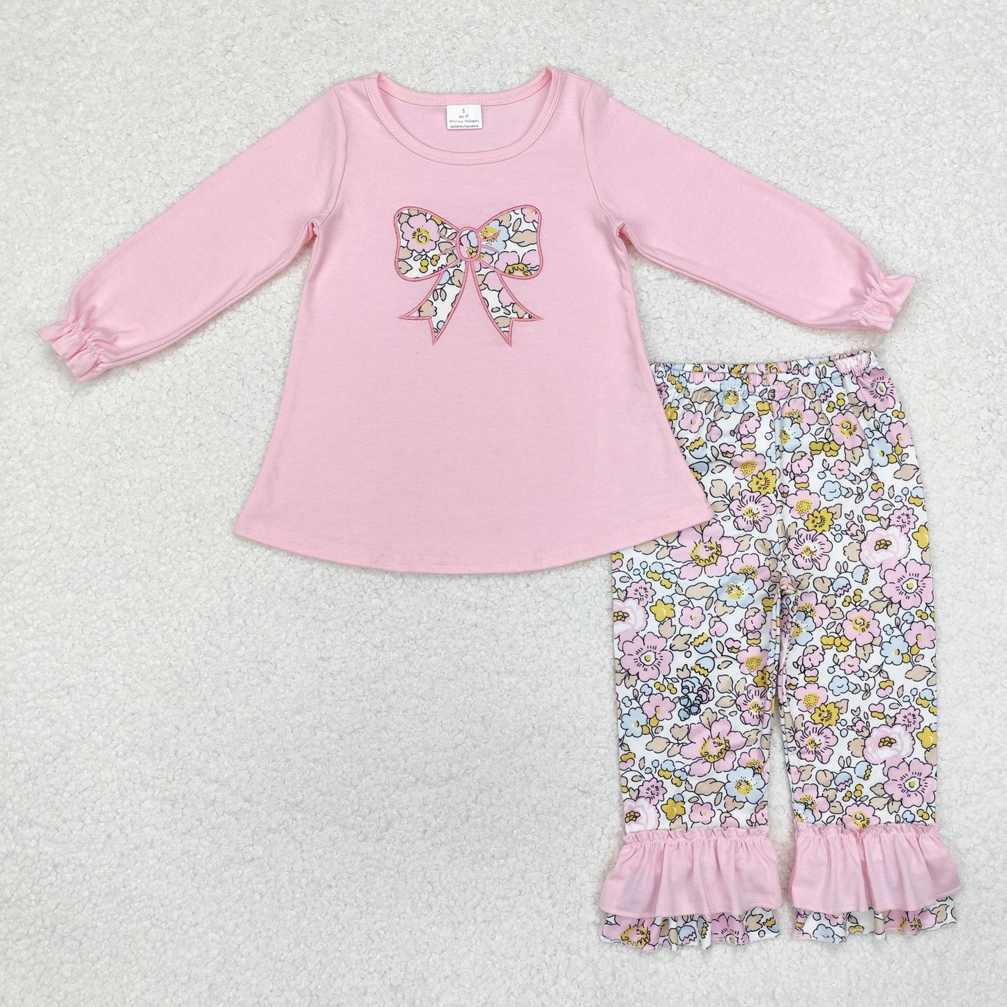 RTS NO MOQ ETA 5/7days Arrived GLP1836 Embroidered flower bow pattern pink long-sleeved trousers set