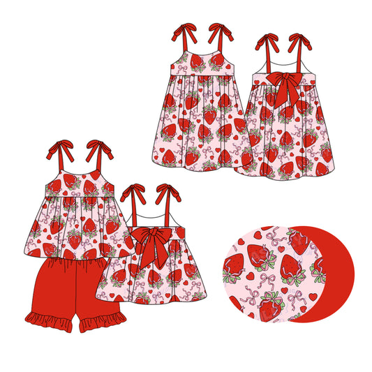 1.20 custom each style moq 5eta 4-6week Sibling Sisters strawberry bow baby girl short sleeve shorts sets and dress match family design