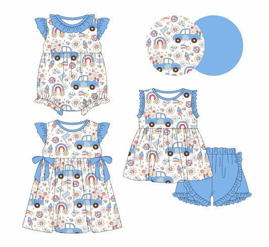 1.4 custom each style moq 5eta 4-6week Sibling Sistes baby girl short sleeve shorts sets and dress and rompers match family design