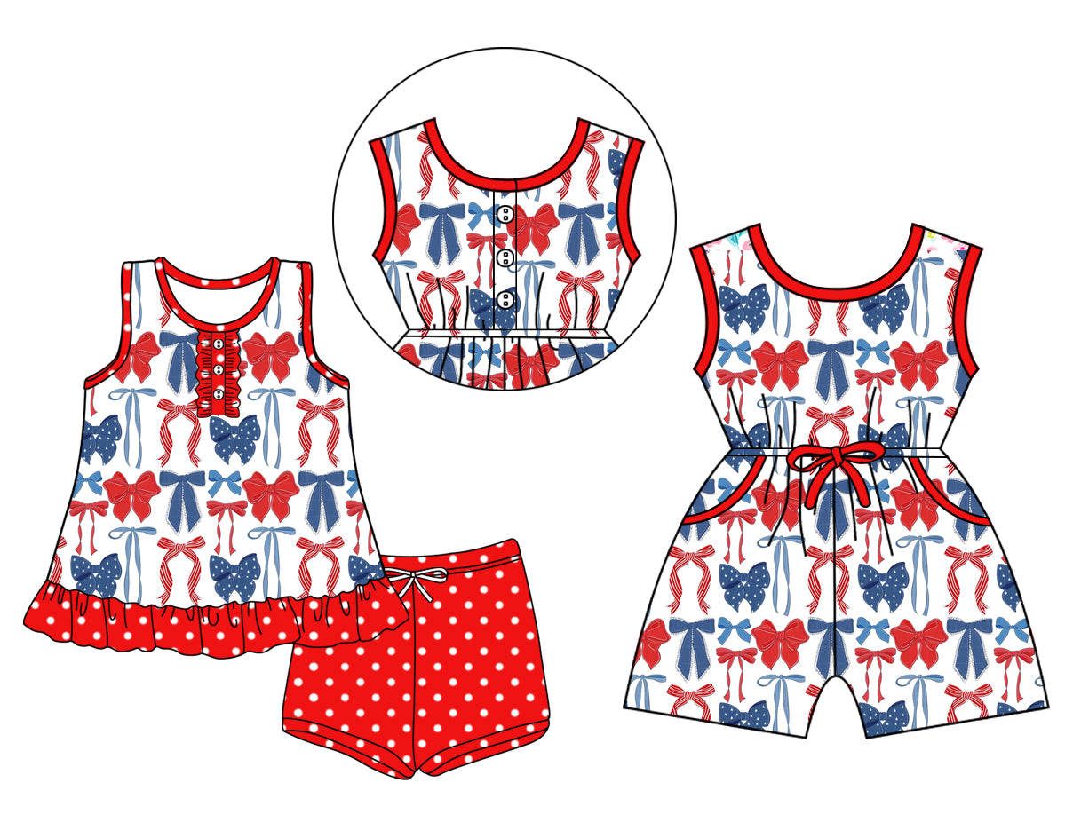 3.15 custom each style moq 5eta 4-6week Sibling Sister bow baby girl short sleeve shorts sets and jumpsuit match design